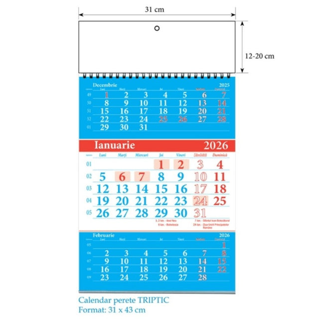 Calendar triptic de perete Unicart, A3, cu cursor, cu spira