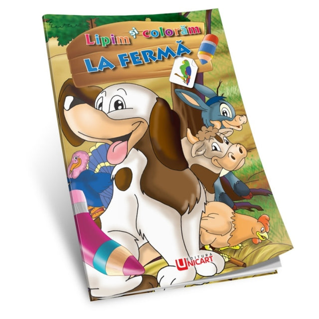 Carte de colorat A4, Lipim si Coloram - La ferma, Unicart