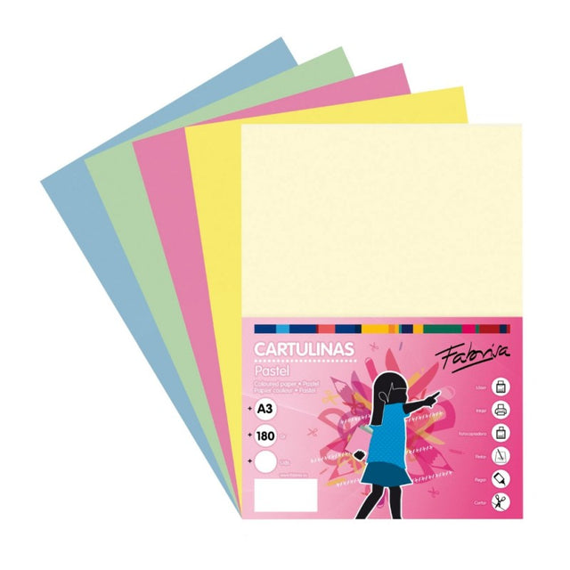 Carton colorat A3 Fabrisa 16237, 180g/mp, mix 5 culori pastel, top 50 coli
