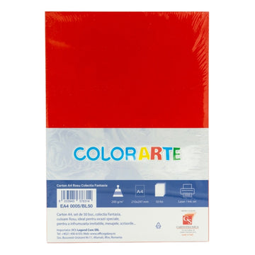 Carton colorat A4 COLORARTE FANTASIA, 200g/mp, rosu, top 50 coli