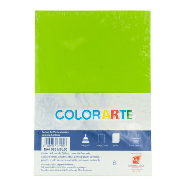 Carton colorat A4 COLORARTE FANTASIA, 200g/mp, verde deschis, top 50 coli