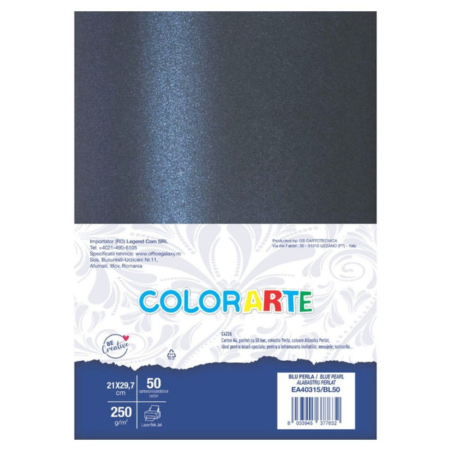 Carton colorat A4 COLORARTE PERLA, 250g/mp, albastru perlat, top 50 coli