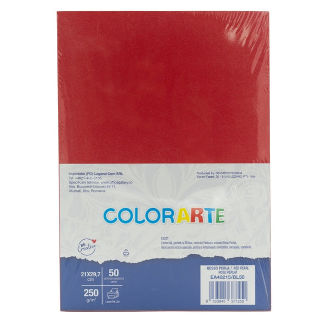 Carton colorat A4 COLORARTE PERLA, 250g/mp, rosu perlat, top 50 coli