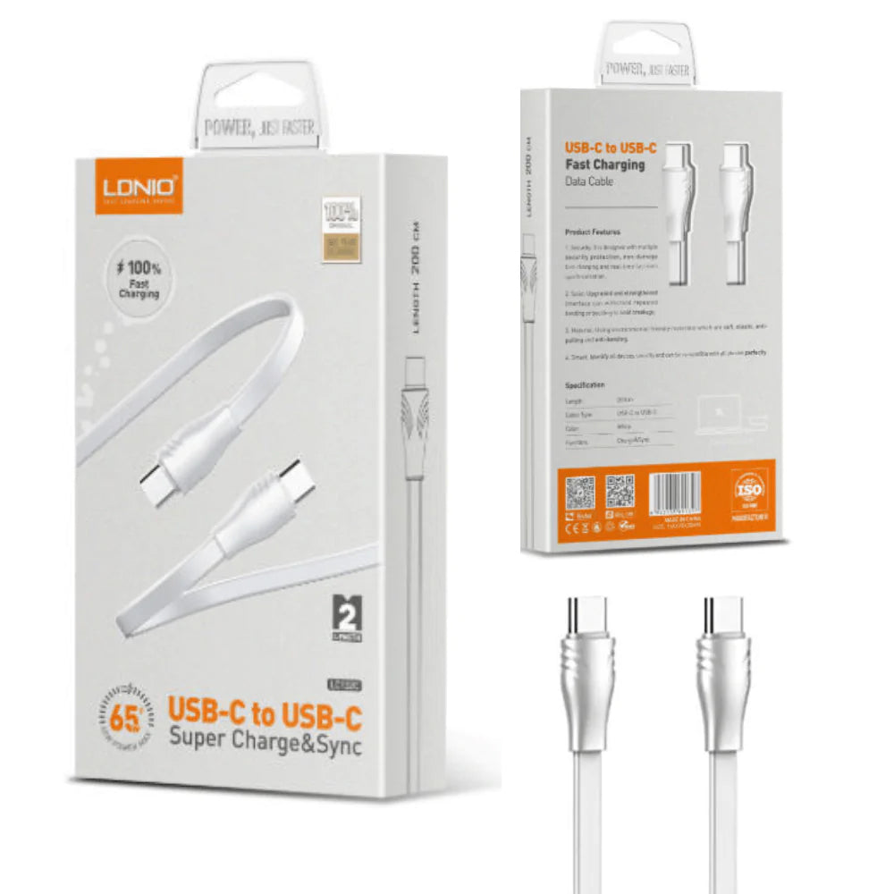 Cablu Date si Incarcare Ldnio LC132-C, USB-C, 65W, 3A, Fast, 2m - Alb