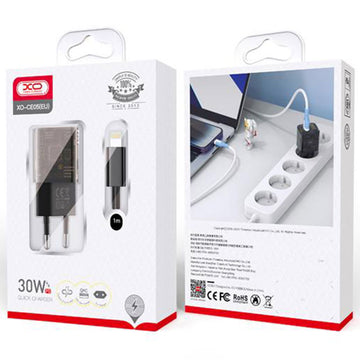 Incarcator Retea + Cablu Lightning XO CE05, 30W, 1xUSB-C, 1xUSB-A, PD, QC 3.0 - Maro