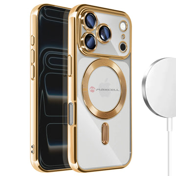 Husa Plating Luxury pentru iPhone 17, cu MagSafe, ElectroEdge, Gold - Transparent