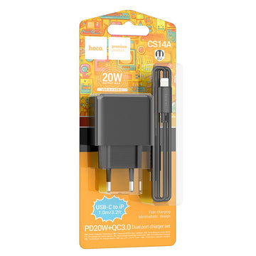 Incarcator Retea + Cablu Lightning Hoco CS14A, 20W, 1xUSB-C, 1xUSB-A, PD, QC 3.0 - Negru