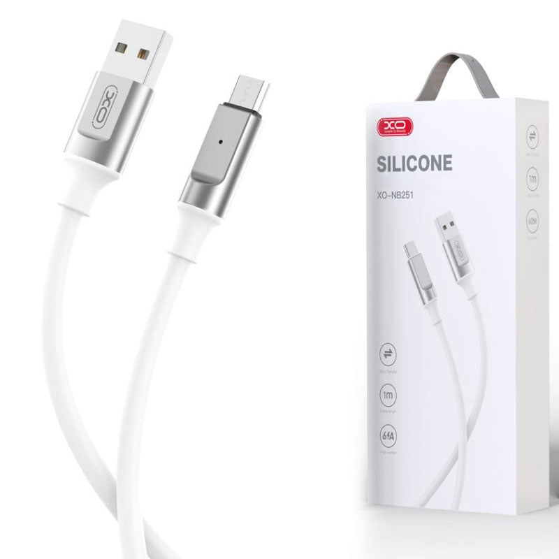 XO (NB251) - Cablu Date si Incarcare, USB-A la MicroUSB, 6A, Metallic, 1m, White