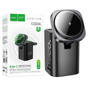 Statie Incarcare Wireless Hoco CQ20A, 2x USB-C, USB, 65W, Qi Charging, Stand, 6in1 - Negru