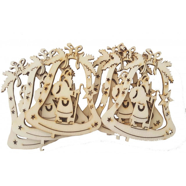 Accesorii creatie - lemn decupat - clopotel cu Mos Craciun, set 6 buc, Colorarte, FS-MF