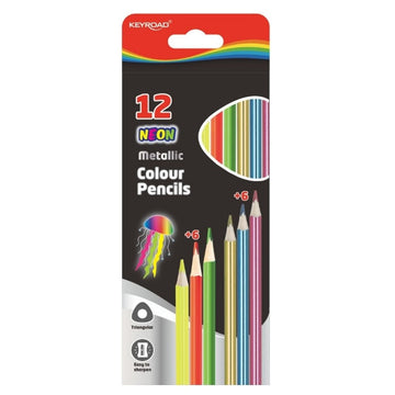 Creioane colorate Keyroad KR971760, triunghiulare, 12 culori, 6 neon, 6 metalice, blister carton