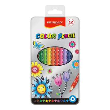 Creioane colorate Keyroad KR971450, triunghiulare, 12 culori, cutie metal