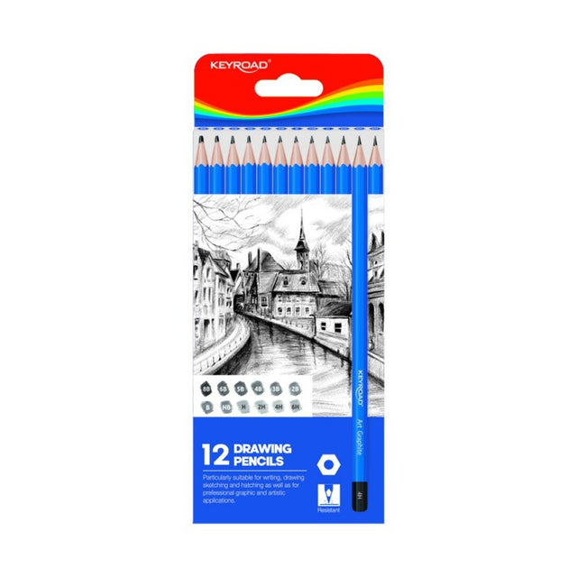 Creion grafit Keyroad KR972271, B-8B / HB-6H, corp hexagonal albastru, fara guma de sters, set 12 buc