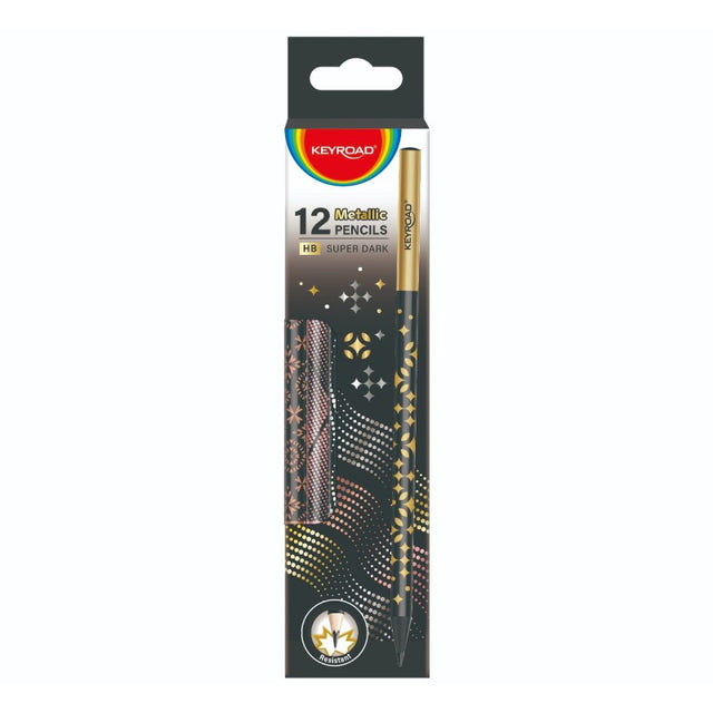 Creion grafit Keyroad KR973120, HB, corp rotund negru cu desen holgrafic, fara guma de sters, diverse modele, set 12 buc