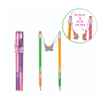 Creion grafit Trendhaus CH32370, HB, cu guma de sters, cu pandantiv fluture metalic, set 2 buc