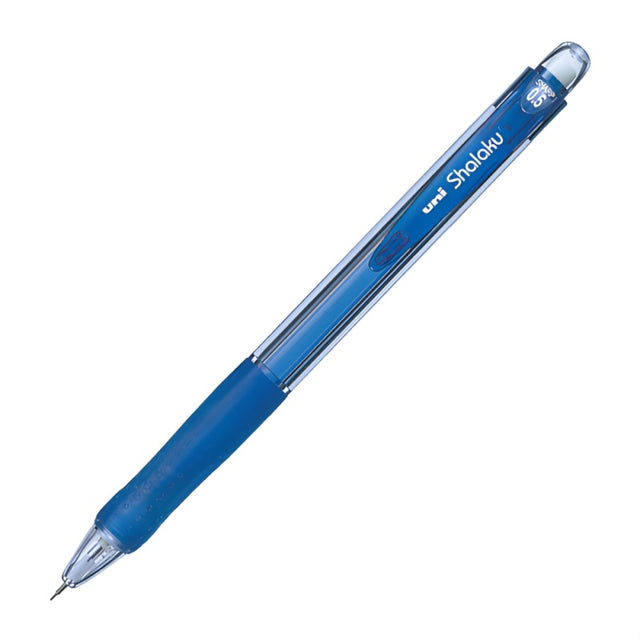Creion mecanic UNI Shalaku M5-100, 0.5mm, grip cauciucat, corp transparent albastru, cu guma de sters