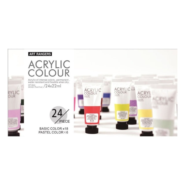 Culori acrilice Magi-Wap Art Rangers, 24 culori x 22ml, culori de baza, culori pastel, metalice, cu sclipici, FEA2422T-2
