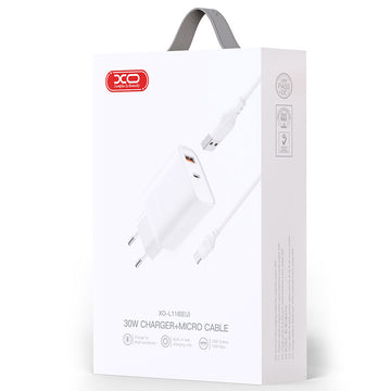 Incarcator Retea + Cablu MicroUSB XO L116, 30W, 1xUSB-C, 1xUSB-A, PD, QC 3.0 - Alb