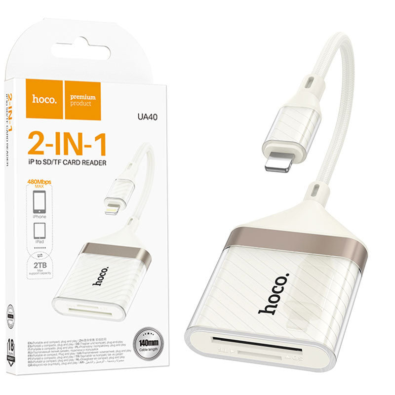 Hoco (UA40) - Cititor de carduri 2-in-1, SD/TF, cu conector Lightning, 480Mbps, White