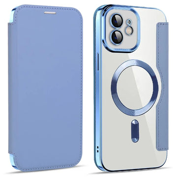 Husa MagFlip pentru iPhone 12, Magnet, RFID Protect, Piele, Chrome Edge - Albastru cer
