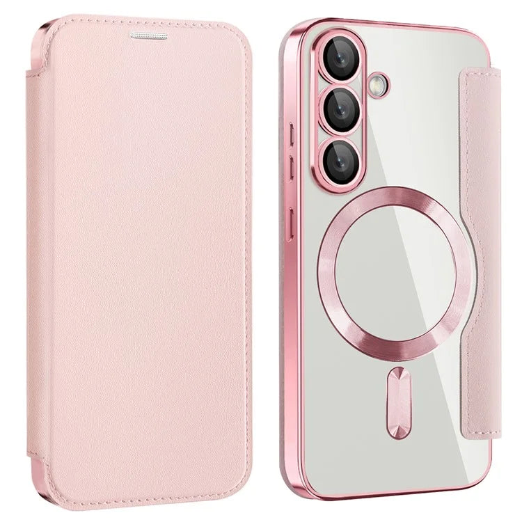 Husa MagFlip - Samsung S25, Magnet, RFID protect, Leather, Chrome Edge, Pink