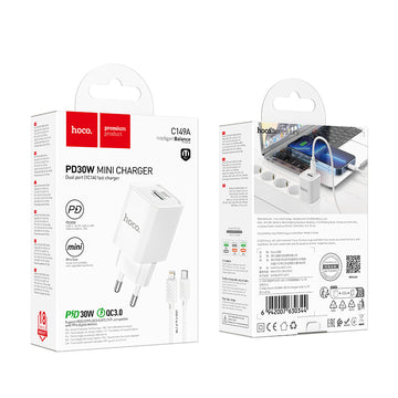 Incarcator Retea + Cablu Lightning Hoco C149A, 1m, PD20W, 1xUSB-C, 1xUSB-A - Alb