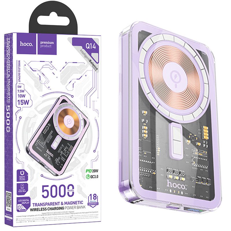Hoco (Q14) - Baterie Externa, 1xUSB-C, Magnet, Display LED, 5000mAh, Purple