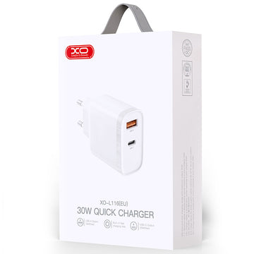 Incarcator Retea XO L116, 30W, 1xUSB-C, 1xUSB-A, PD, QC 3.0 - Alb