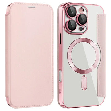 Husa MagFlip pentru iPhone 16 Pro Max, Magnet, RFID Protect, Piele, Chrome Edge - Roz
