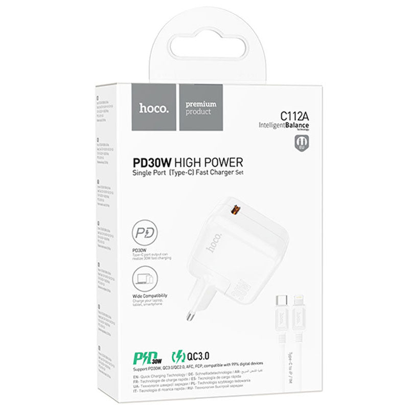 Hoco (C112A) - Incarcator Retea + Cablu Lightning, 30W, 1xUSB-C, PD, White