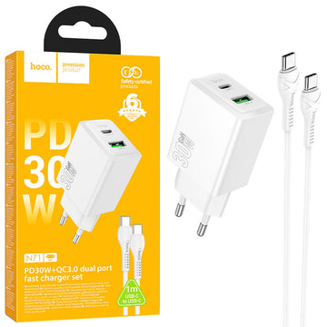 Cablu Hoco N71, Incarcatoare Priza cu Cablu, USB-C, 1xUSB-C, 1XUSB-A, 30W, Fast Charger - Alb