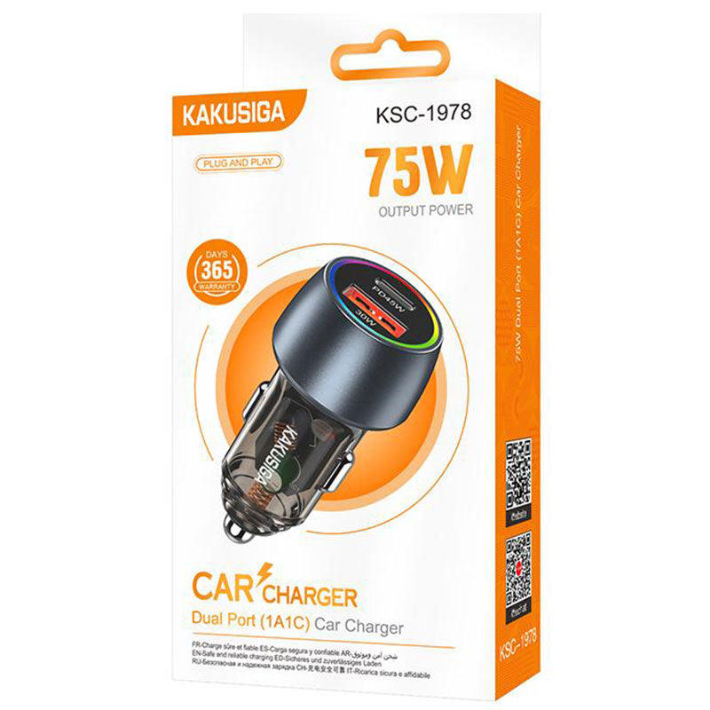 Kaku (KSC-1978) - Incarcator Auto, PD75W, 1xUSB-C, 1xUSB, Ambinet Light, Black