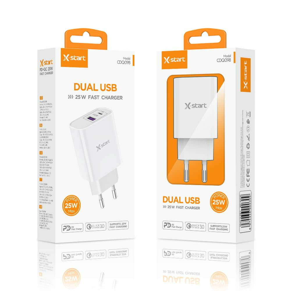 X-Start (CDQ098) - Incarcator Priza, 1xUSB-C, PD25W, 1xUSB-A, 18W, QC3.0, SuperFast, White