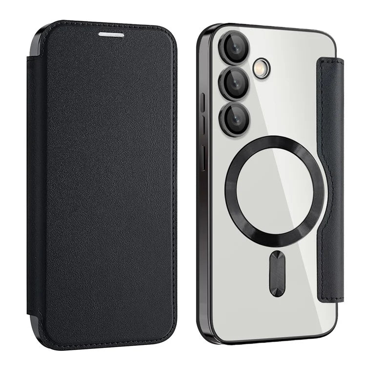Husa MagFlip - Samsung S24 FE, Magnet, RFID protect, Leather, Chrome Edge, Black