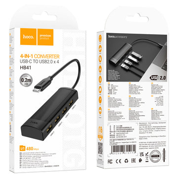 Hub USB Hoco HB41, Multiport, USB-C la 3 X USB-A 3.0, USB-A 2.0, 480Mps, 20cm - Negru