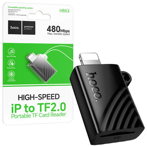 Hoco HB53 pentru iPhone 480Mbps, Cititor de Carduri 2-in-1, SD/TF, cu Conector iPhone, 480Mbps - Negru