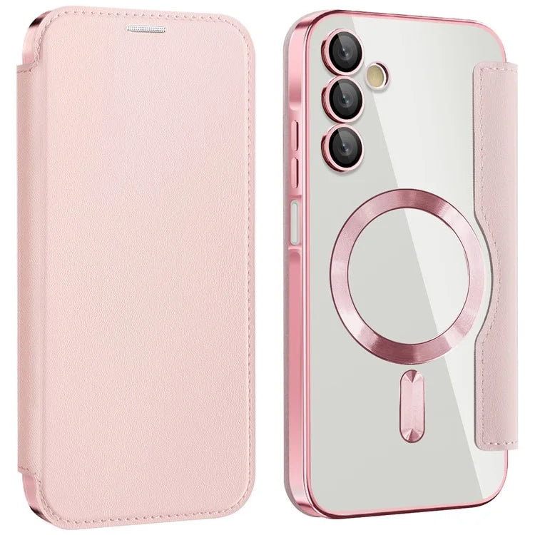 Husa MagFlip - Samsung A15, Magnet, RFID protect, Leather, Chrome Edge, Pink