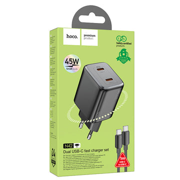 Incarcator Retea + Cablu USB-C Hoco N42, 45W, 2xUSB-A - Negru