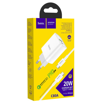 Incarcator Retea + Cablu USB-C Hoco C80A, 20W, 5V, 3.1A, 1xUSB-C, 1xUSB-A, PD, QC 3.0 - Alb