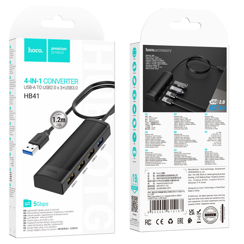 Hub USB Hoco HB41, Multiport, USB-A la 3 X USB-A 3.0, USB-A 2.0, 480Mps, 1.2m - Negru