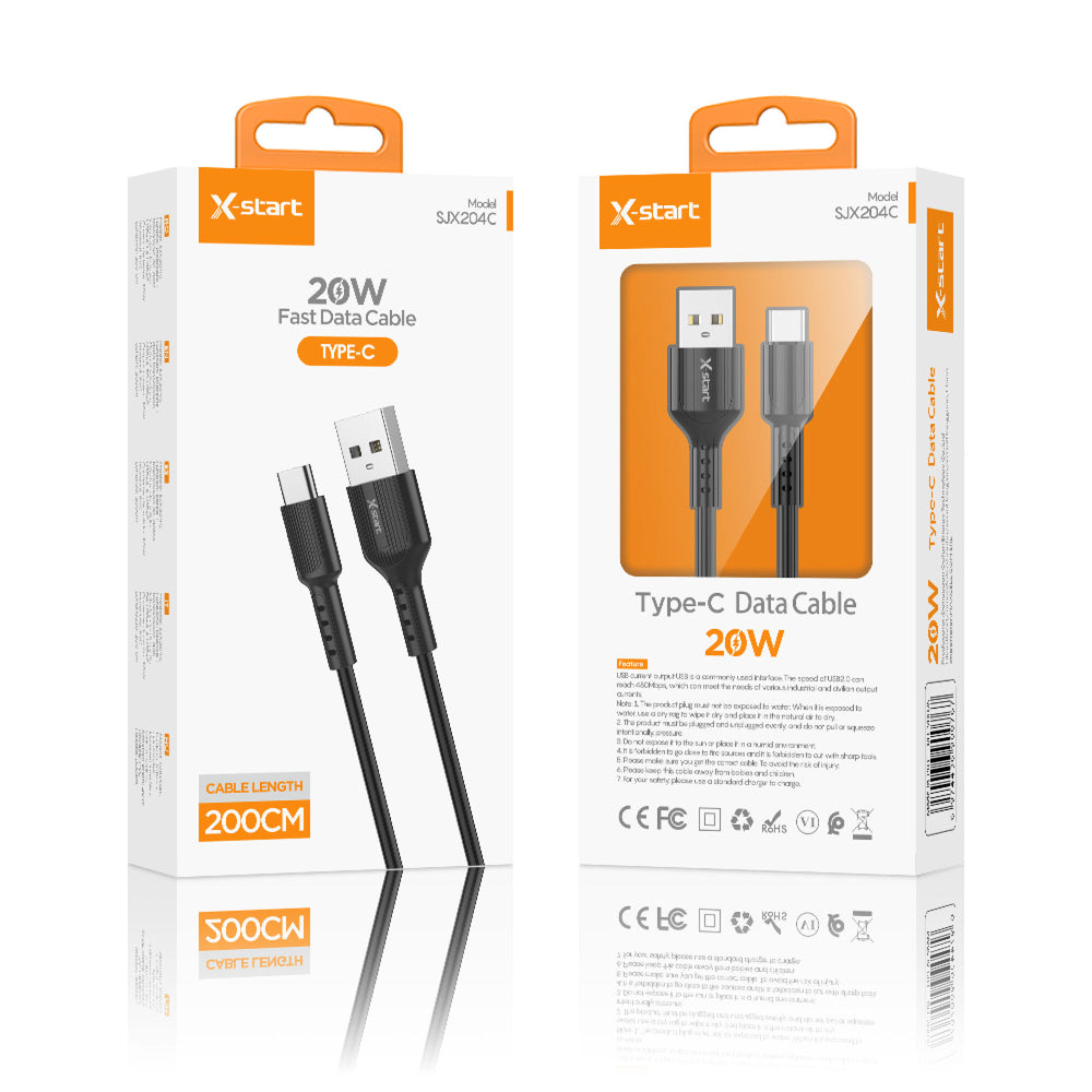 X-Start (SJX204C) - Cablu Date si Incarcare, USB-A la USB-C, 20W, 2m, Classic Texture, Black
