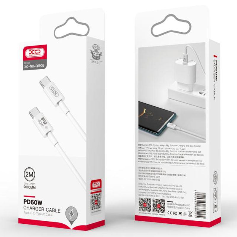 Cablu Date si Incarcare XO NB-Q190B, USB-C, PD60W, QC3.0, 2m - Alb