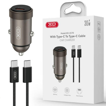 Incarcator Auto XO CC70, PD 30W, USB-C + Cablu USB-C, 1m, Fast, Cafeniu - Negru