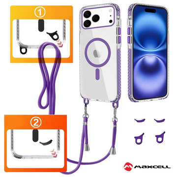 Husa MagFrame pentru iPhone 15 Pro Max, AntiDrop 2in1, Snur Detasabil - Transparent / Purple Frame