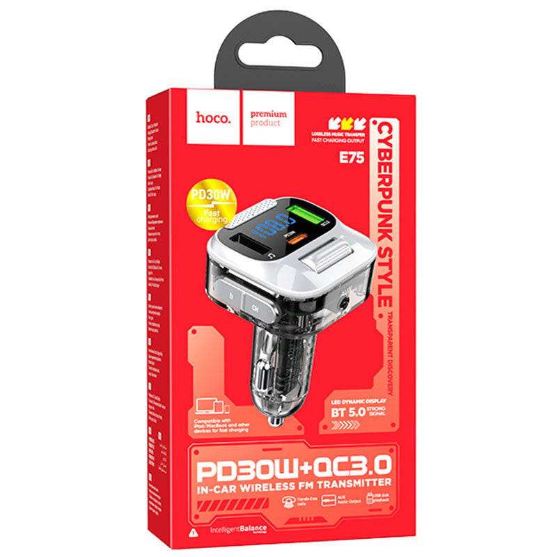 Hoco (E75) - Modulator FM, 30W, 1xUSB-C, 1xUSB-A, PD, QC 3.0, Black