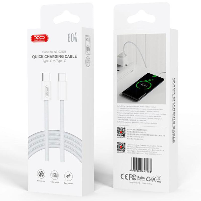 XO (NB-Q260B) - Cablu Date si Incarcare, USB-C, PD60W, QC3.0, Braided, 1.5m, White
