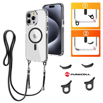 Husa MagFrame pentru iPhone 15, AntiDrop 2in1, Snur Detasabil - Transparent / Rama neagra