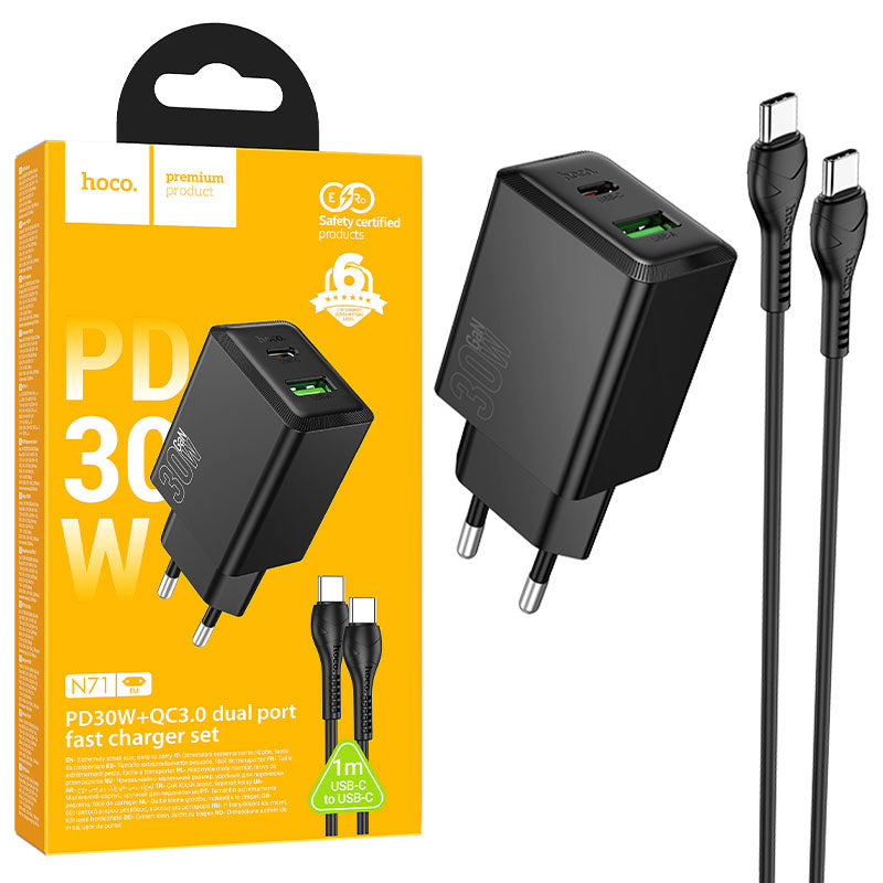 Hoco (N71) - Incarcator Retea cu Cablu, (PD25W + QC 3.0 18W), 1xUSB-C, 1xUSB-A, Black