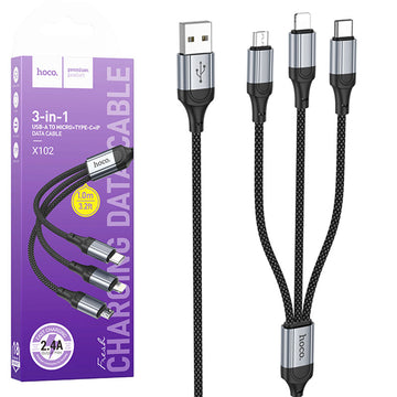 Cablu Date si Incarcare, USB-A la Lightning / MicroUSB / USB-C, 3 in 1, 1m, Negru
