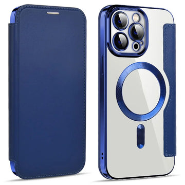 Husa MagFlip pentru iPhone 15 Pro, Magnet, RFID Protect, Piele, Chrome Edge - Bleumarin